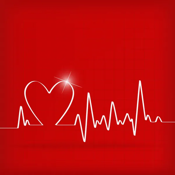 Cuore bianco batte cardiogramma su sfondo rosso — Vettoriale Stock