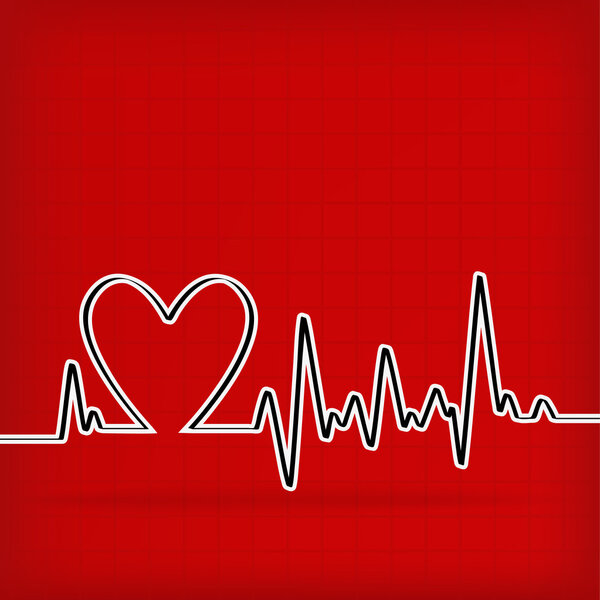White Heart Beats Cardiogram on Red background