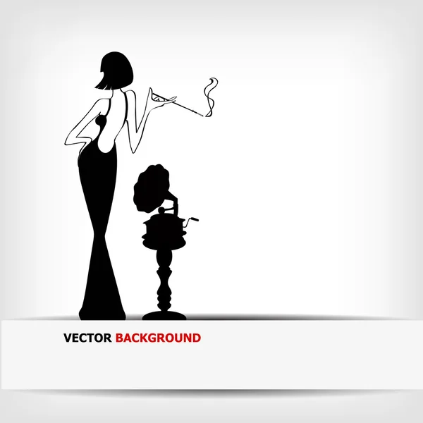 Retro girl with old gramophone background — Stock Vector