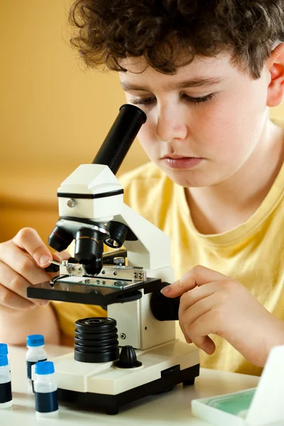 Boy examining preparation under the microscope — Stock Photo, Image