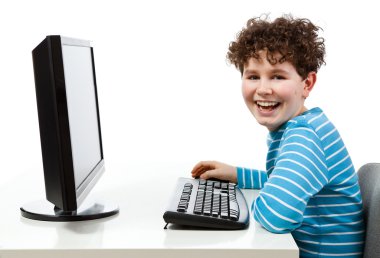 Student using computer isolated on white clipart