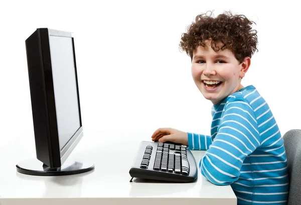 Student using computer isolated on white — Stock Photo, Image