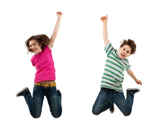 Dziewczyna i chłopak, skoki na białym tle na białym tle — Zdjęcie stockowe