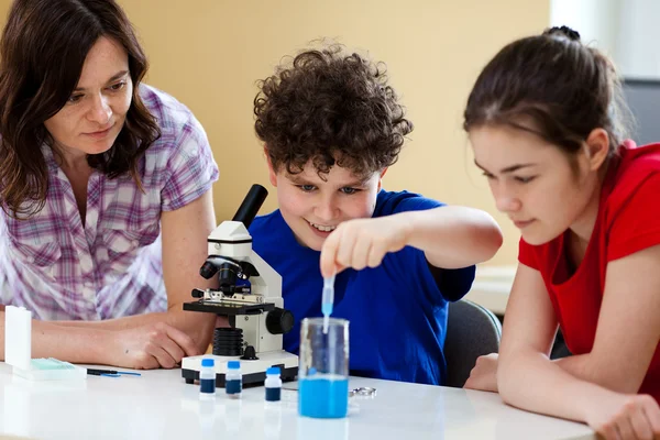 Niños examinando la preparación bajo el microscopio — Foto de Stock