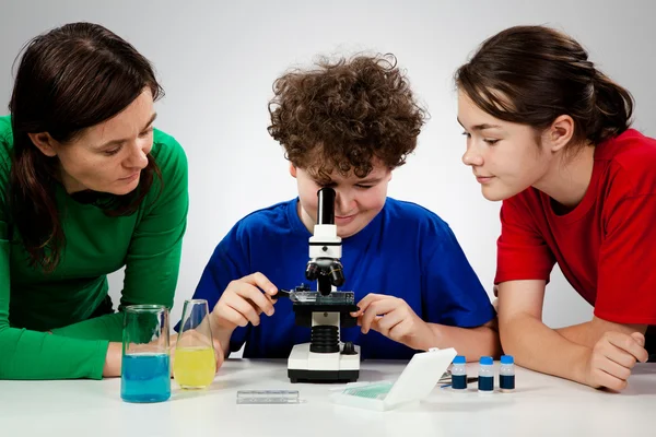 Les enfants examinent la préparation au microscope — Photo