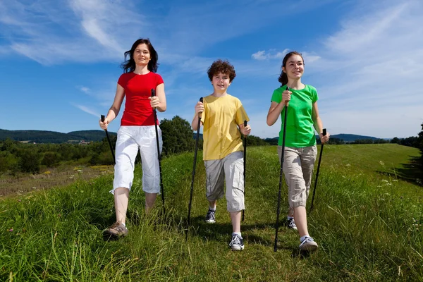 Nordic walking - famiglia attiva all'aperto — Foto Stock