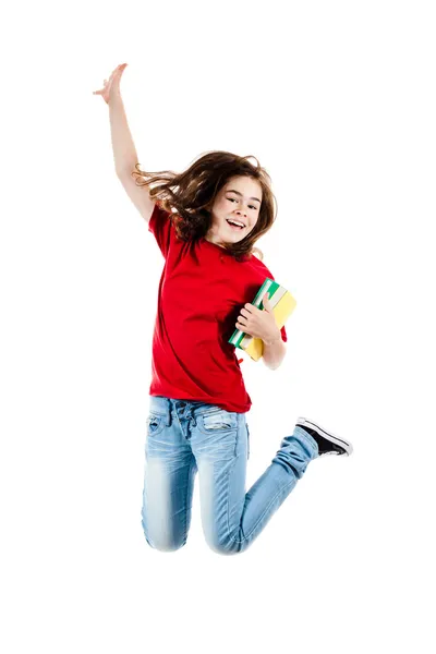 Menina pulando, correndo isolado no fundo branco — Fotografia de Stock