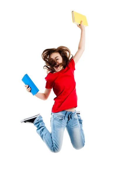 Girl jumping, running isolated on white background — Stock Photo, Image