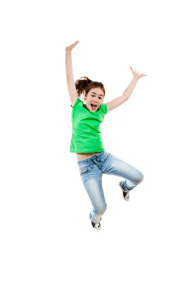 Девушка прыжки изолированы на белом фоне — стоковое фото