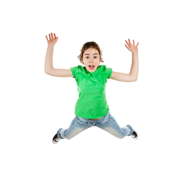 Menina pulando isolado no fundo branco — Fotografia de Stock