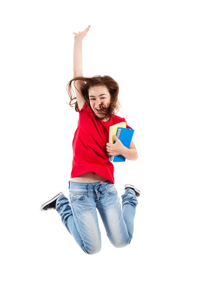 Atlama, izole üzerinde beyaz zemin çalışan kız — Stok fotoğraf