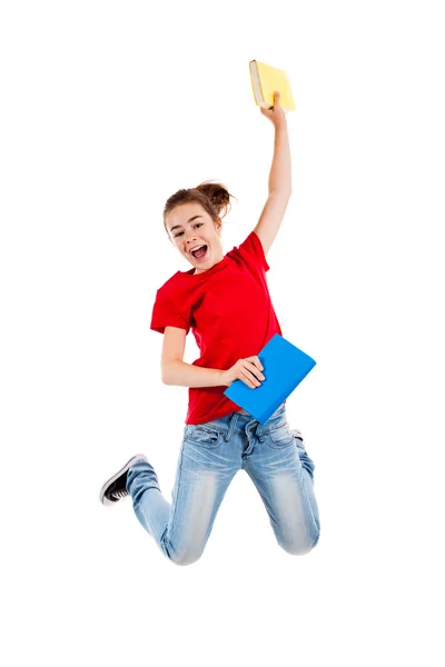 Mädchen springt, läuft isoliert auf weißem Hintergrund — Stockfoto