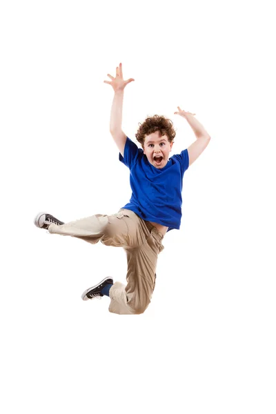Atlama, izole üzerinde beyaz zemin çalışan çocuk — Stok fotoğraf