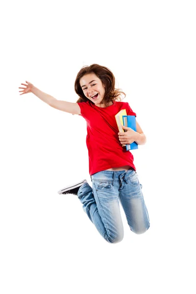 Menina pulando, correndo isolado no fundo branco — Fotografia de Stock