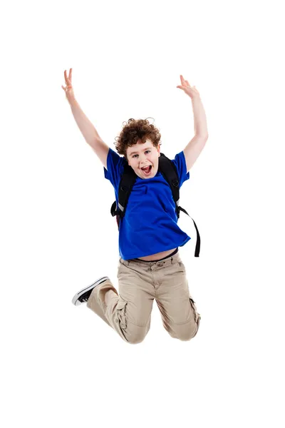 Хлопчик стрибає, біжить ізольовано на білому тлі — стокове фото