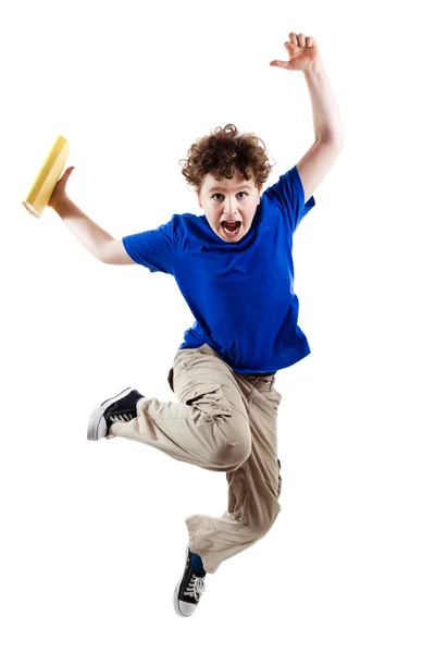 Boy jumping, correndo isolado no fundo branco — Fotografia de Stock
