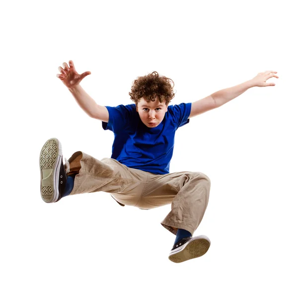 Boy jumping, correndo isolado no fundo branco — Fotografia de Stock
