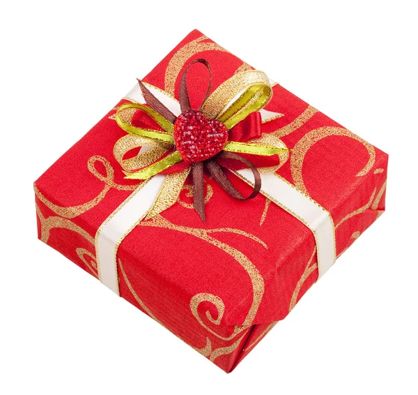 Beautiful red box with tape and heart for gifts isolated on whit — Stock Photo, Image
