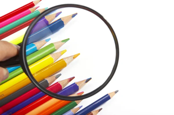Color pencils, magnifier — Stock Photo, Image
