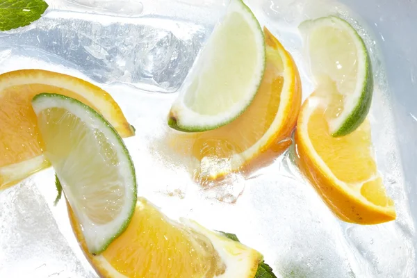 Bladmynta och skuren citrus i is — Stockfoto