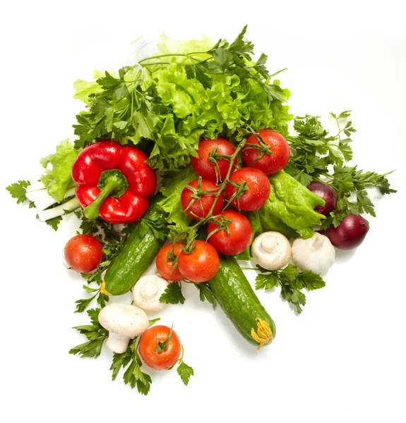 Friss zöldségek, gyümölcsök és egyéb élelmiszerek. — Stock Fotó