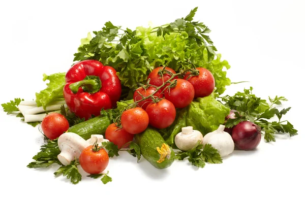 Friss zöldségek, gyümölcsök és egyéb élelmiszerek. — Stock Fotó