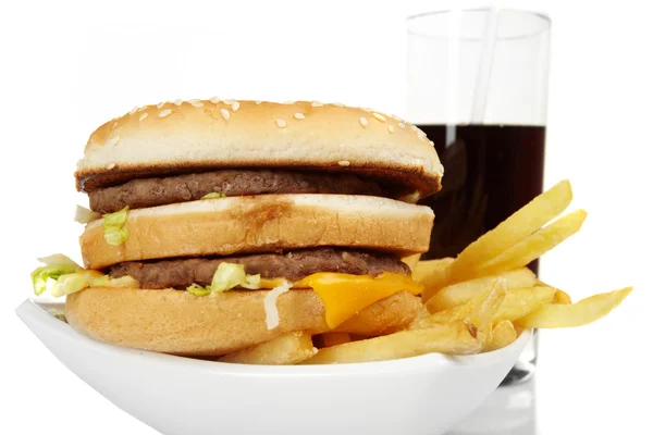 Hamburger meal served with french fries and soda close-up — Stock Photo, Image