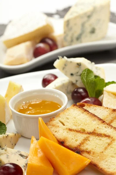 Сырная тарелка с виноградом и медом — стоковое фото