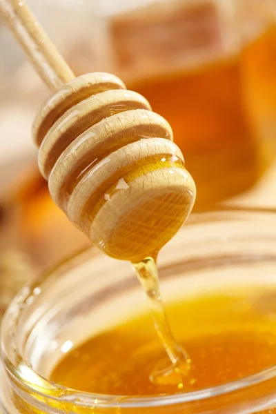 Honey with wood stick — Stock Photo, Image