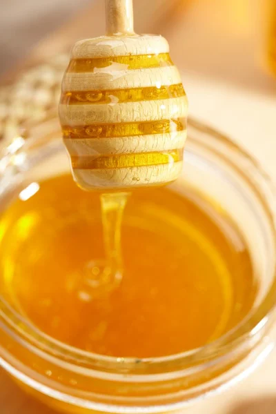 Honey with wood stick — Stock Photo, Image