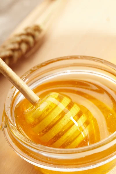 Honey with wood stick — Stock Photo, Image