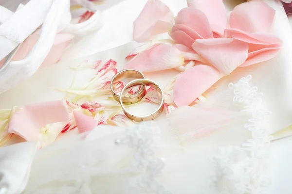 Golden rings and rose petals — Stock Photo, Image