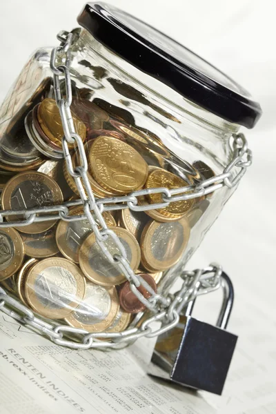 Coins in money jar — Stock Photo, Image