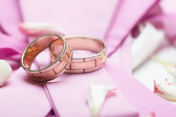 Anéis dourados e pétalas de rosa — Fotografia de Stock