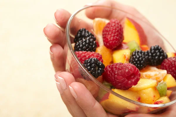 Fruktsallad i händerna — Stockfoto