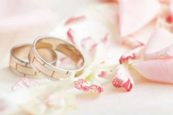 Gouden ringen en rozenblaadjes — Stockfoto