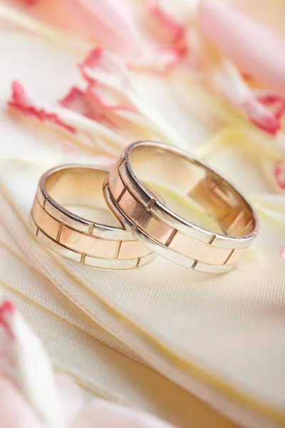 Anéis dourados e pétalas de rosa — Fotografia de Stock