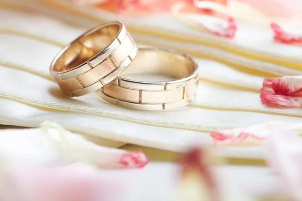 Anelli d'oro e petali di rosa — Foto Stock