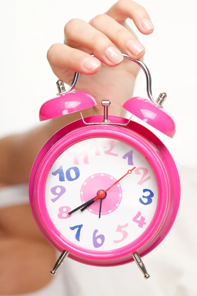 Beautiful woman and alarm clock — Stock Photo, Image