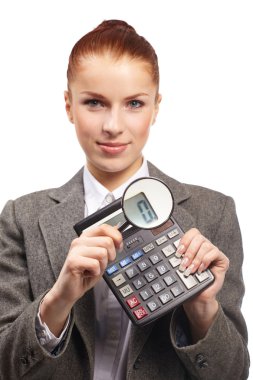 Portrait of young businesswoman with calculator and magnifying glass clipart