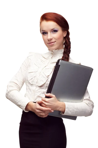Портрет щасливої ділової жінки з ноутбуком — стокове фото