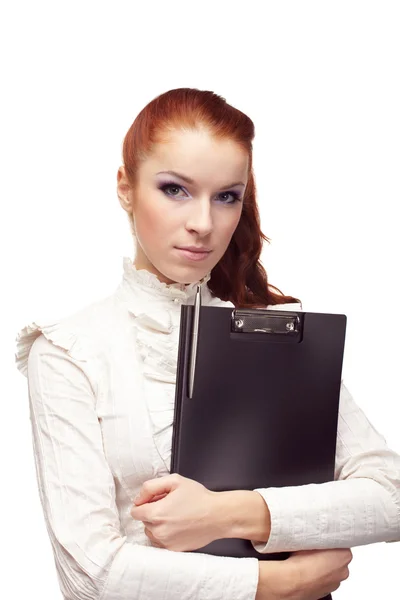 Beautiful girl with a black folder in hands. — Stock Photo, Image