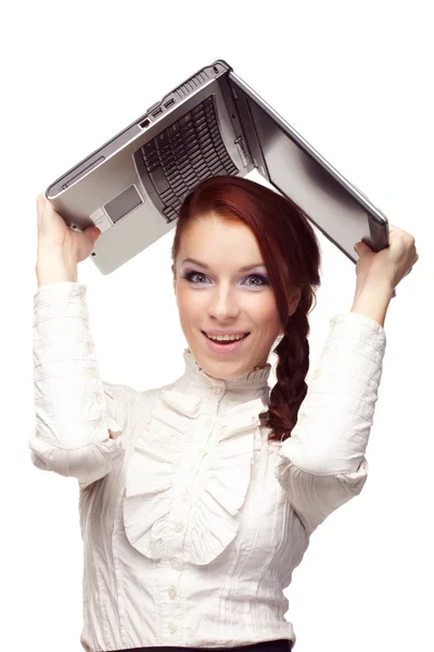 Retrato de mujer de negocios feliz con un ordenador portátil — Foto de Stock