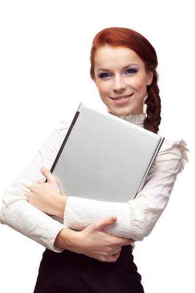 Retrato de mujer de negocios feliz con un ordenador portátil — Foto de Stock