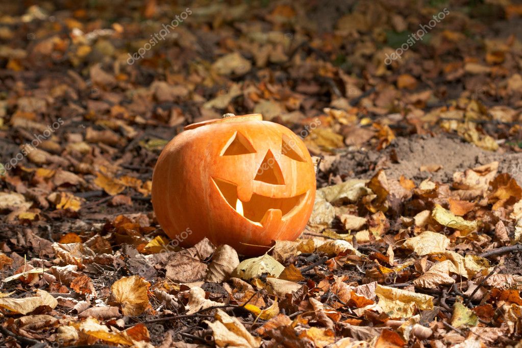 Creepy carved pumpkin face, with a smile, in park — Stock Photo ...