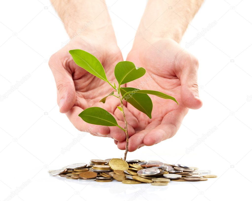 Coins sprout, hands