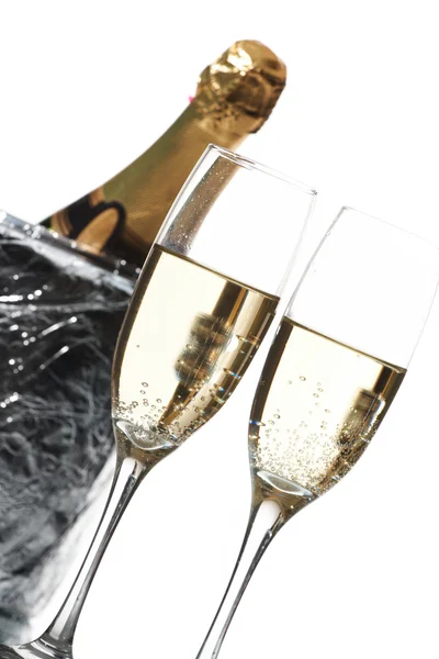 Champagne flöjter och is hink — Stockfoto