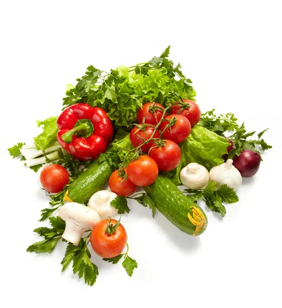 Färska grönsaker, frukter och andra livsmedel. — Stockfoto