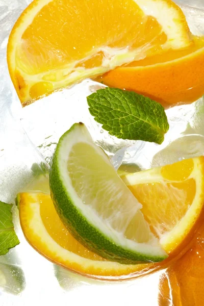 薄荷叶和在冰里切柑橘 — 图库照片