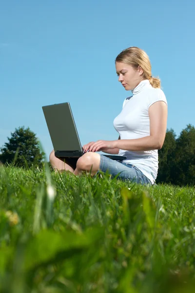 Het meisje met laptop op een groene gazon — Stockfoto
